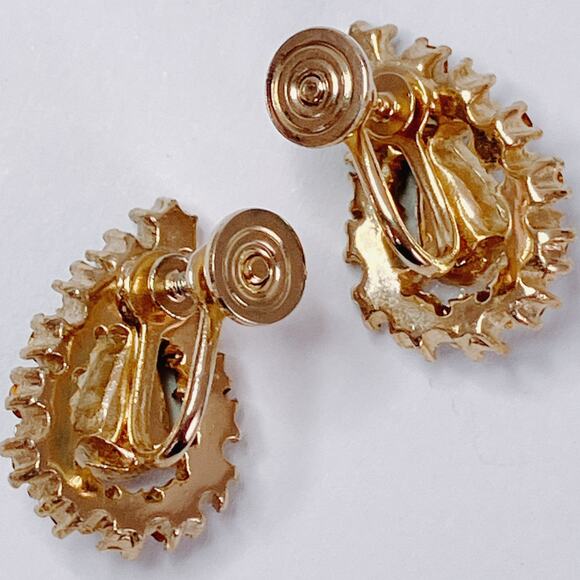 VTG 1950s Earrings Mid Century Emerald Green Glass Gold Tone Screw Back Cocktail - Picture 8 of 9